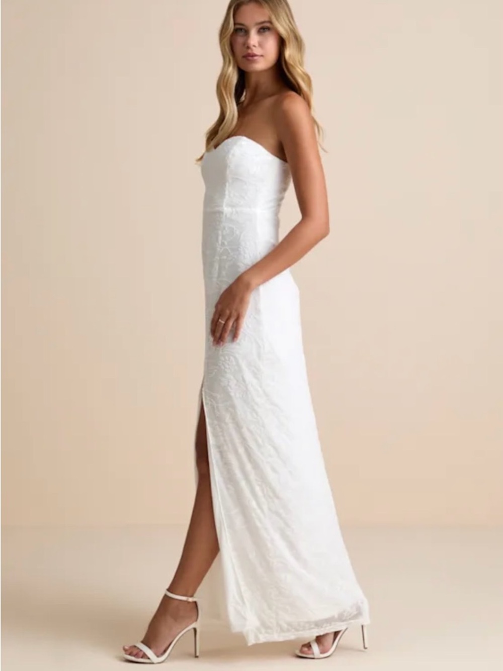 Lulu's White Strapless Maxi Dress with Side Slit